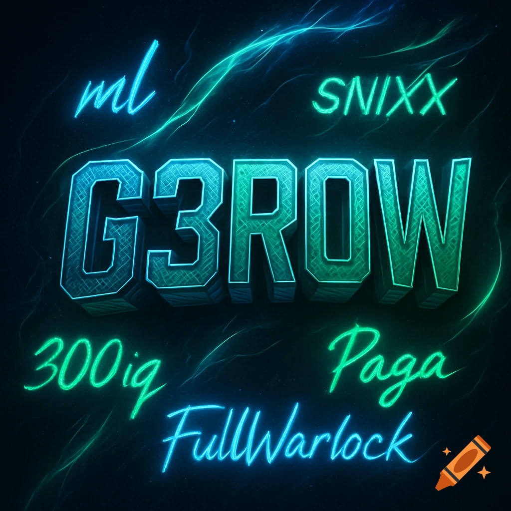 A glowing blue and green 3D text logo 'G3ROW' with 'ml', 'SNIXX', '300iq', 'Paga', 'FullWarlock' on a dark, electric background.