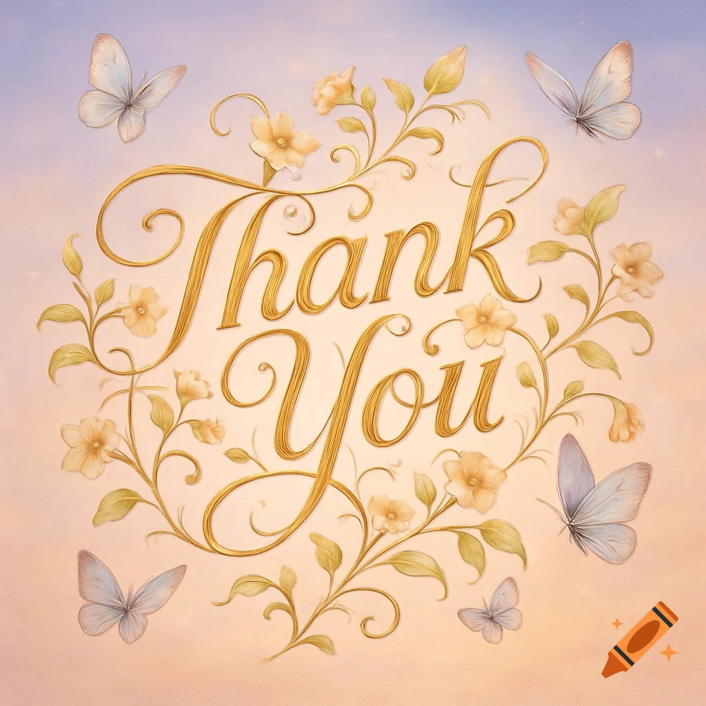 Golden script 'Thank You' on a soft pastel background, adorned with delicate floral vines and light blue butterflies, in an illustrative style.