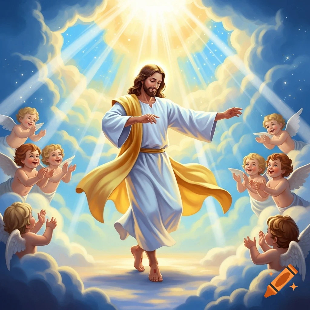 Jesus with outstretched arms surrounded by cherubs in a heavenly sky with bright light and clouds.