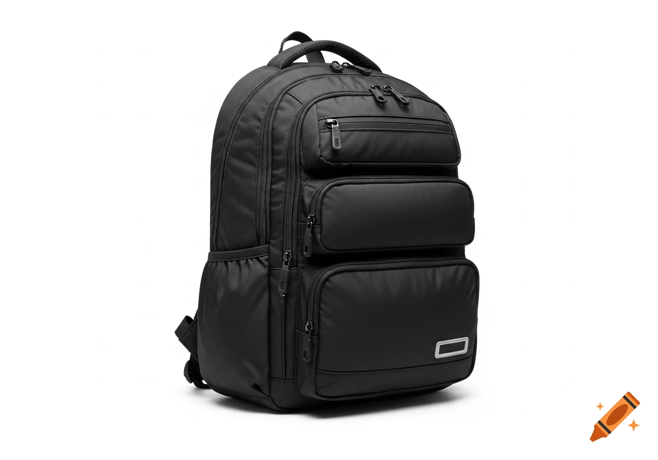 A black multi-pocket sports backpack standing upright on a white background, viewed from the front.