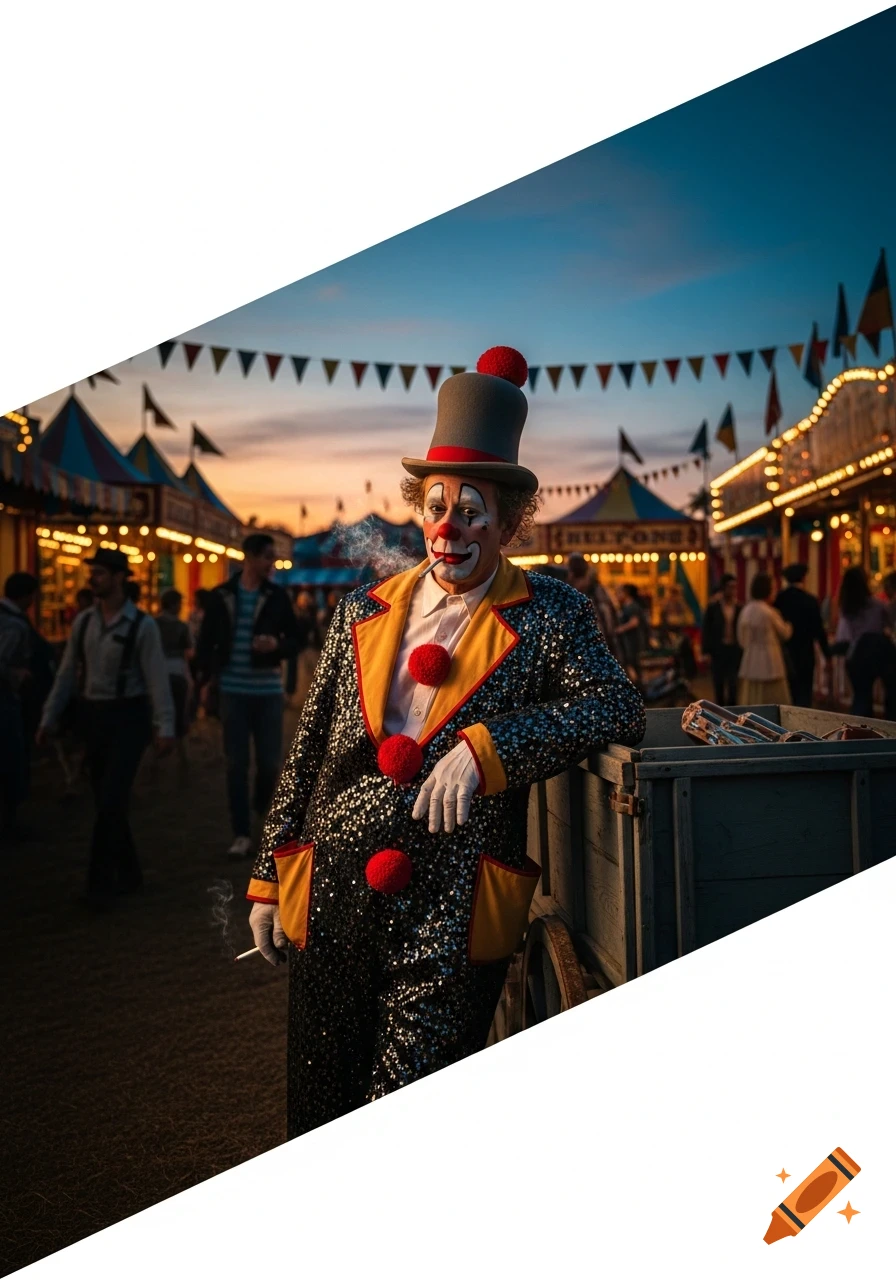 A clown in a sequined suit and top hat smokes a cigarette, leaning on a cart at a busy carnival at dusk.