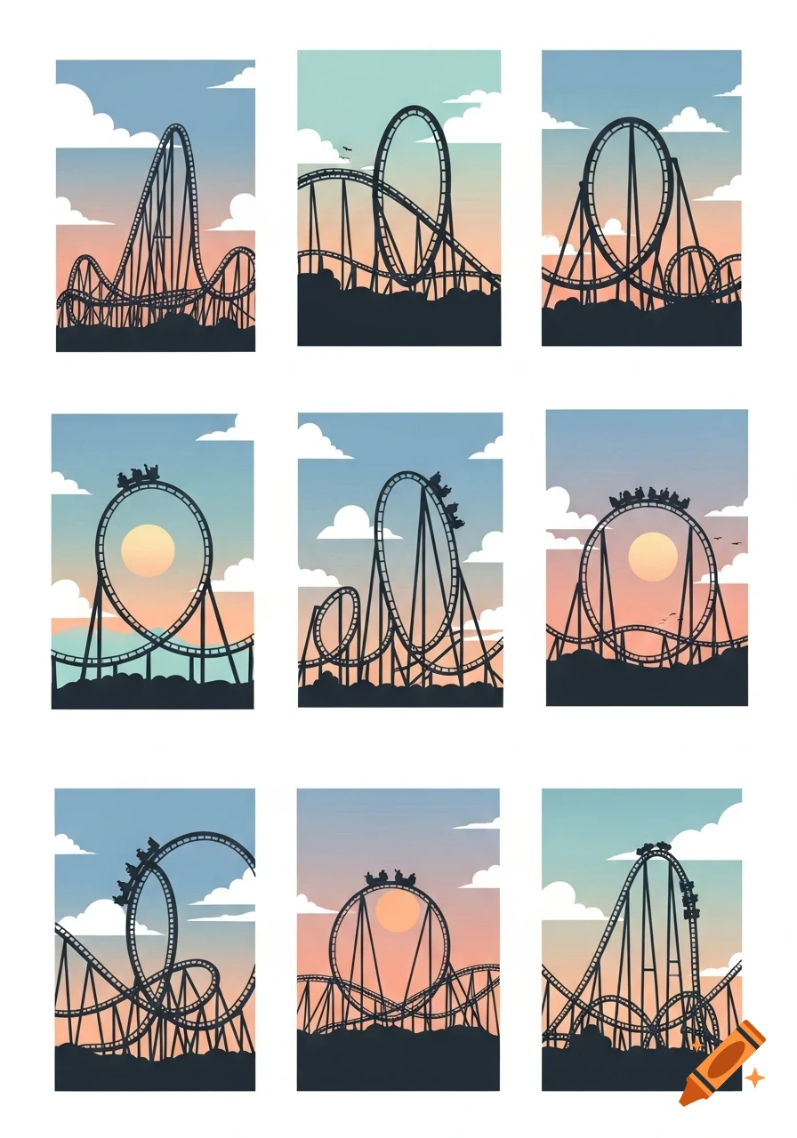 Nine simple illustrations of roller coasters against colorful sunset or sunrise skies with clouds.