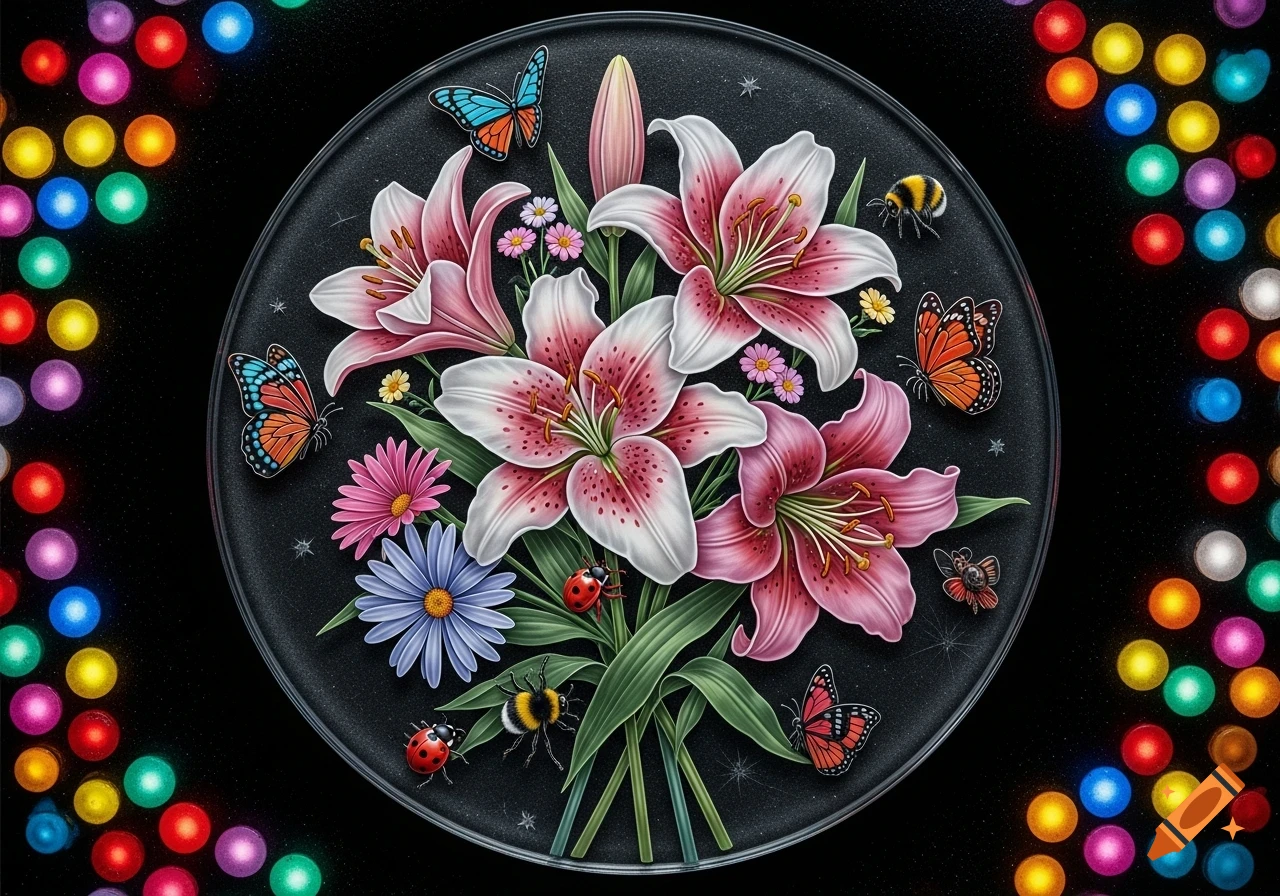 Luminescent bouquet of pink and white lilies, small flowers, butterflies, ladybugs, bumblebees etched on dark glass with glowing dots.