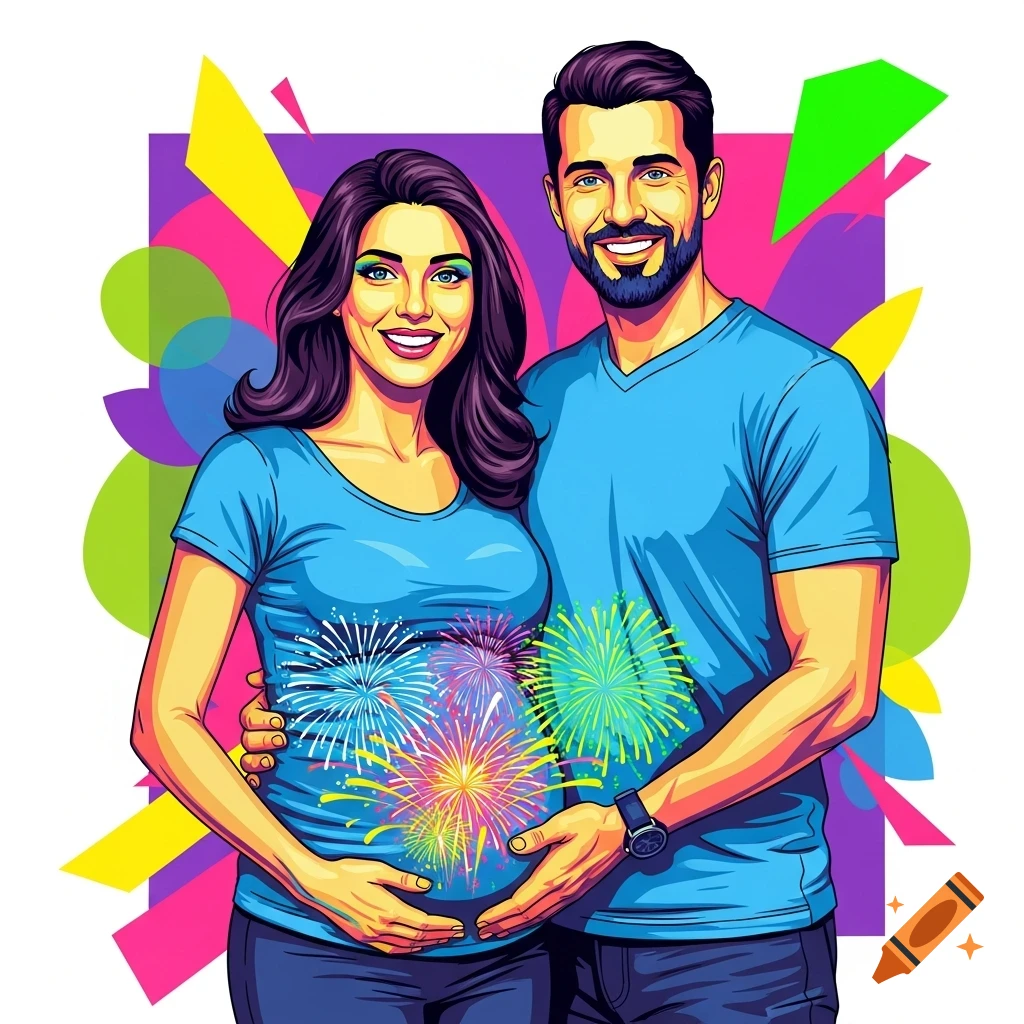 Pop art illustration of a smiling pregnant couple. The woman wears a blue shirt with colorful fireworks on her belly, embraced by the man.