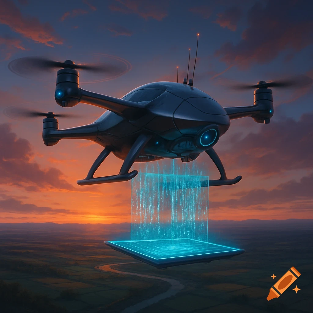 A futuristic dark drone flies over a green landscape at sunset, projecting a glowing blue digital data stream onto a holographic platform.