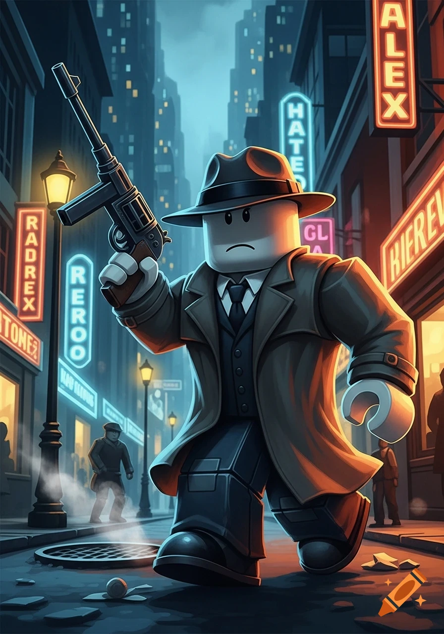 A Roblox character dressed in a trench coat and fedora holds a tommy gun, walking down a neon-lit city street at night in a noir style.