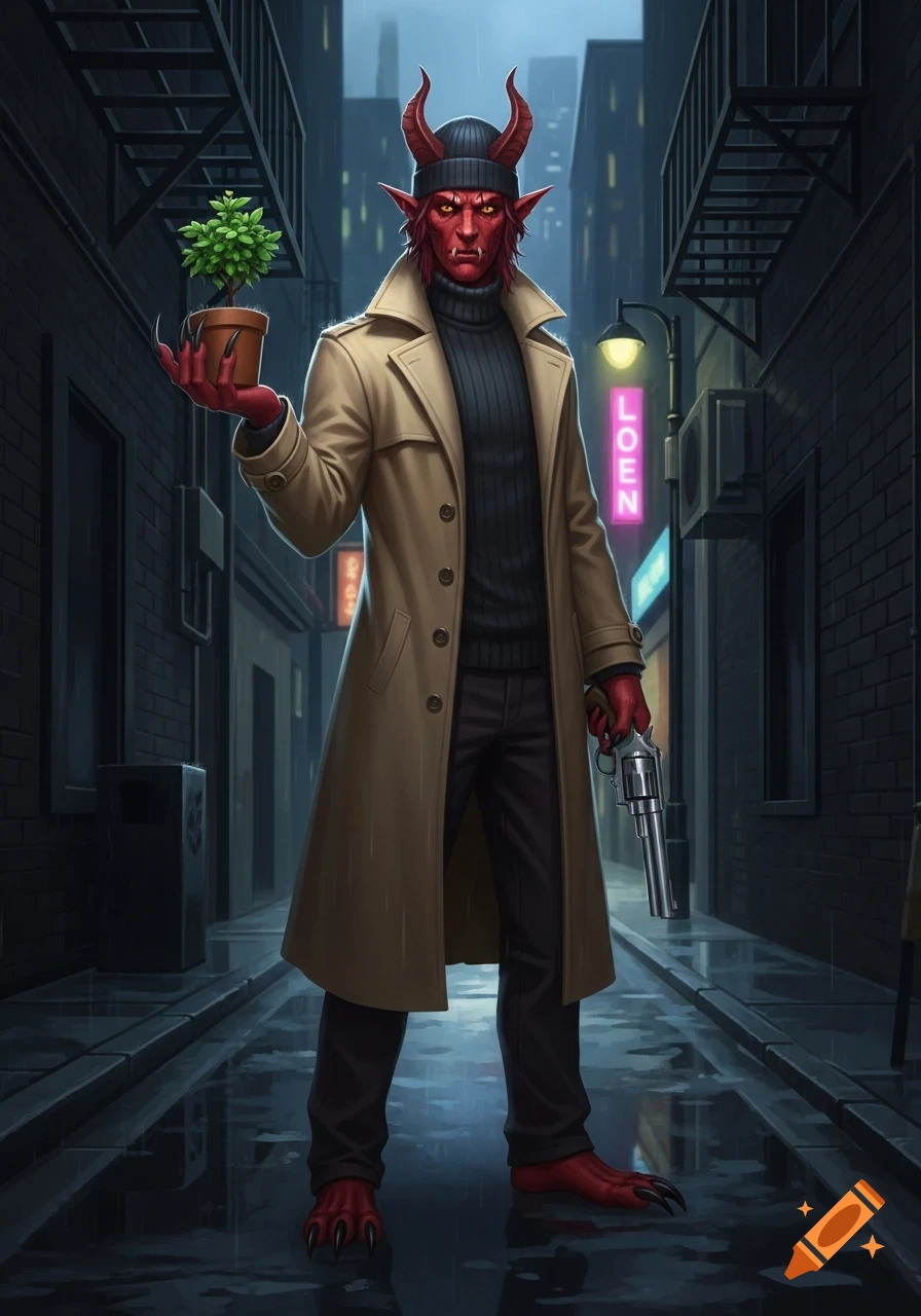 A red-skinned demon in a trench coat, beanie, and turtleneck stands in a rain-slicked alley, holding a potted plant and a revolver in this digital painting.