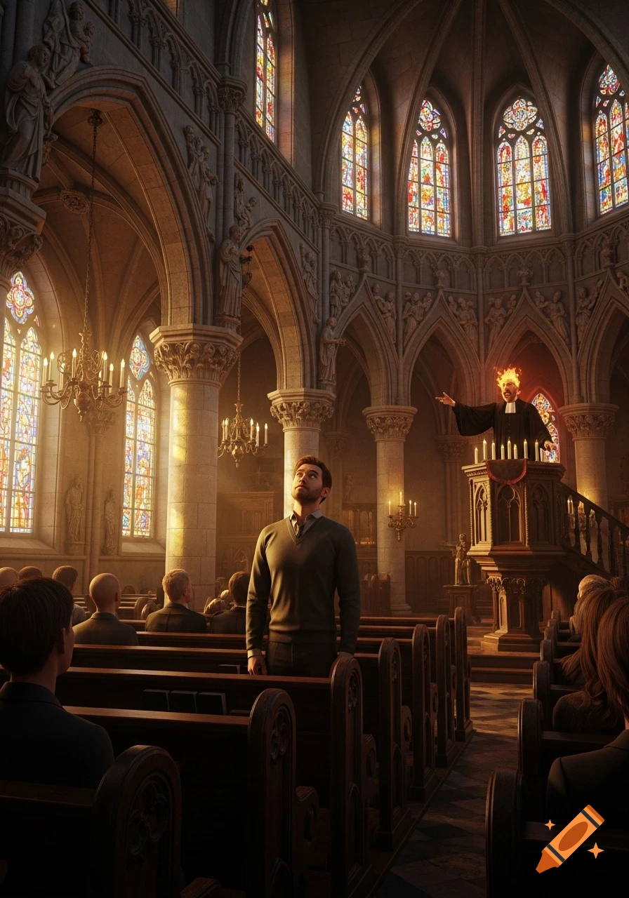 A man looks up at a preacher with a flaming head speaking in a grand Gothic church with stained glass windows.