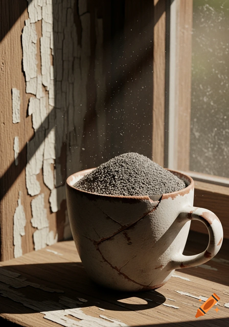 A cracked ceramic cup full of dirt and dust sits on a weathered wooden windowsill, illuminated by sunlight.