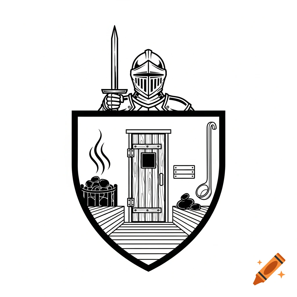 Black and white coat of arms with a knight holding a sword atop a shield containing stylized sauna elements: a wooden door, steam, a ladle, and stones.