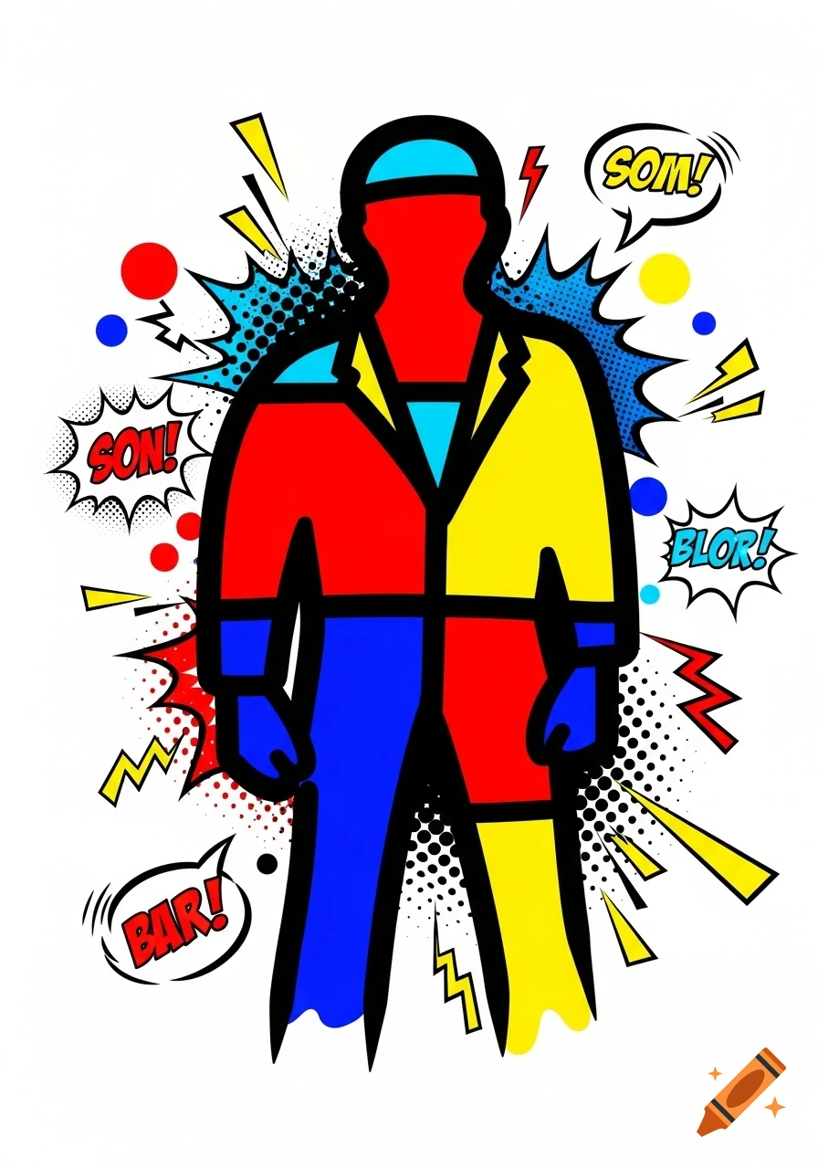 A stylized human figure in pop art style, featuring bold black outlines, primary colors, and comic book speech bubbles with nonsensical text.