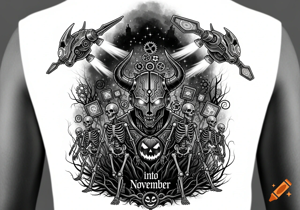 A detailed black and grey illustration on a white surface, depicting a horned robot head, surrounded by skeletons, mechanical devices, and two flying machines, with the text 'into November' at the bottom.