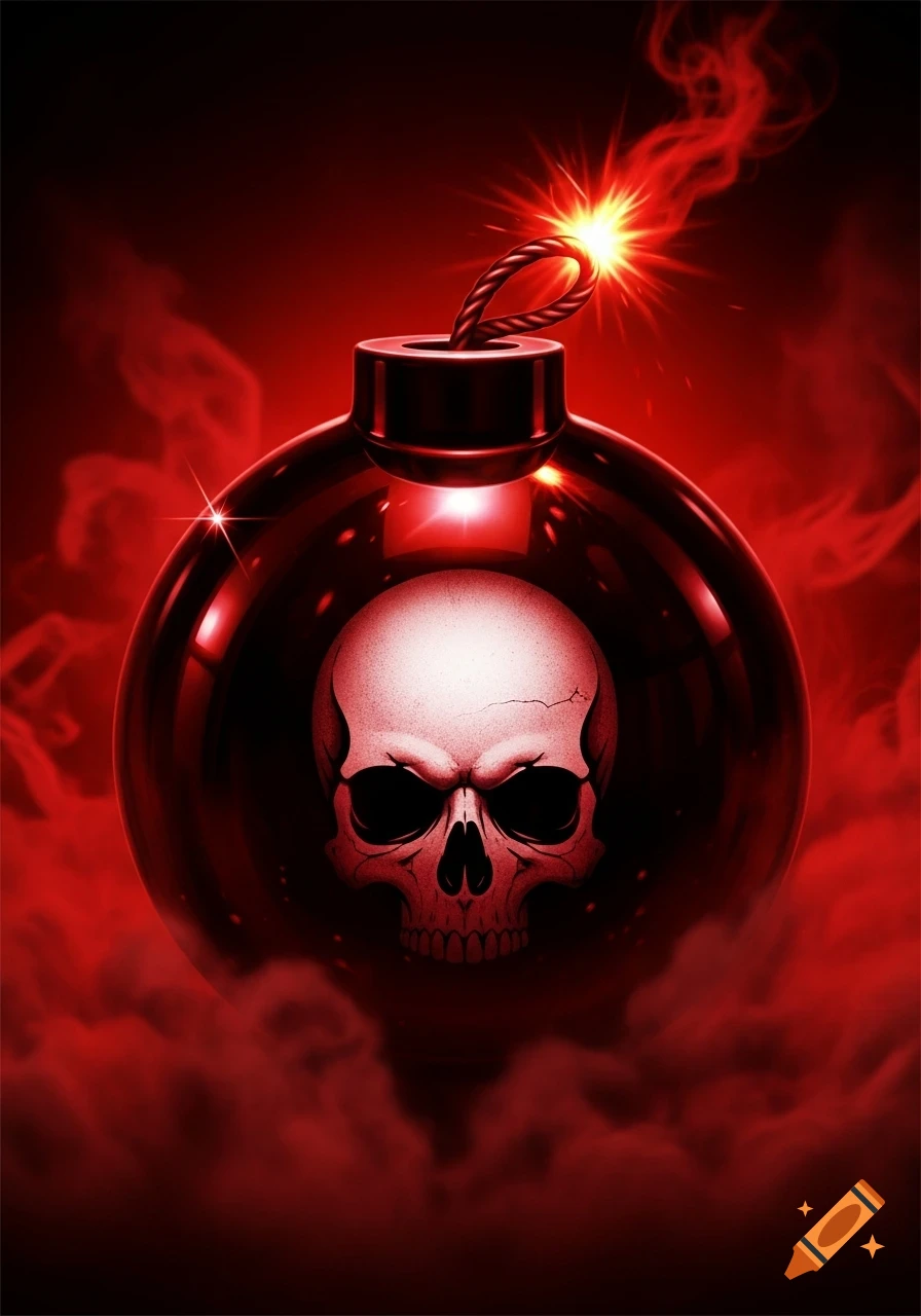 A dark red bomb with a skull imprint, glowing fuse, and red smoke against a black background.
