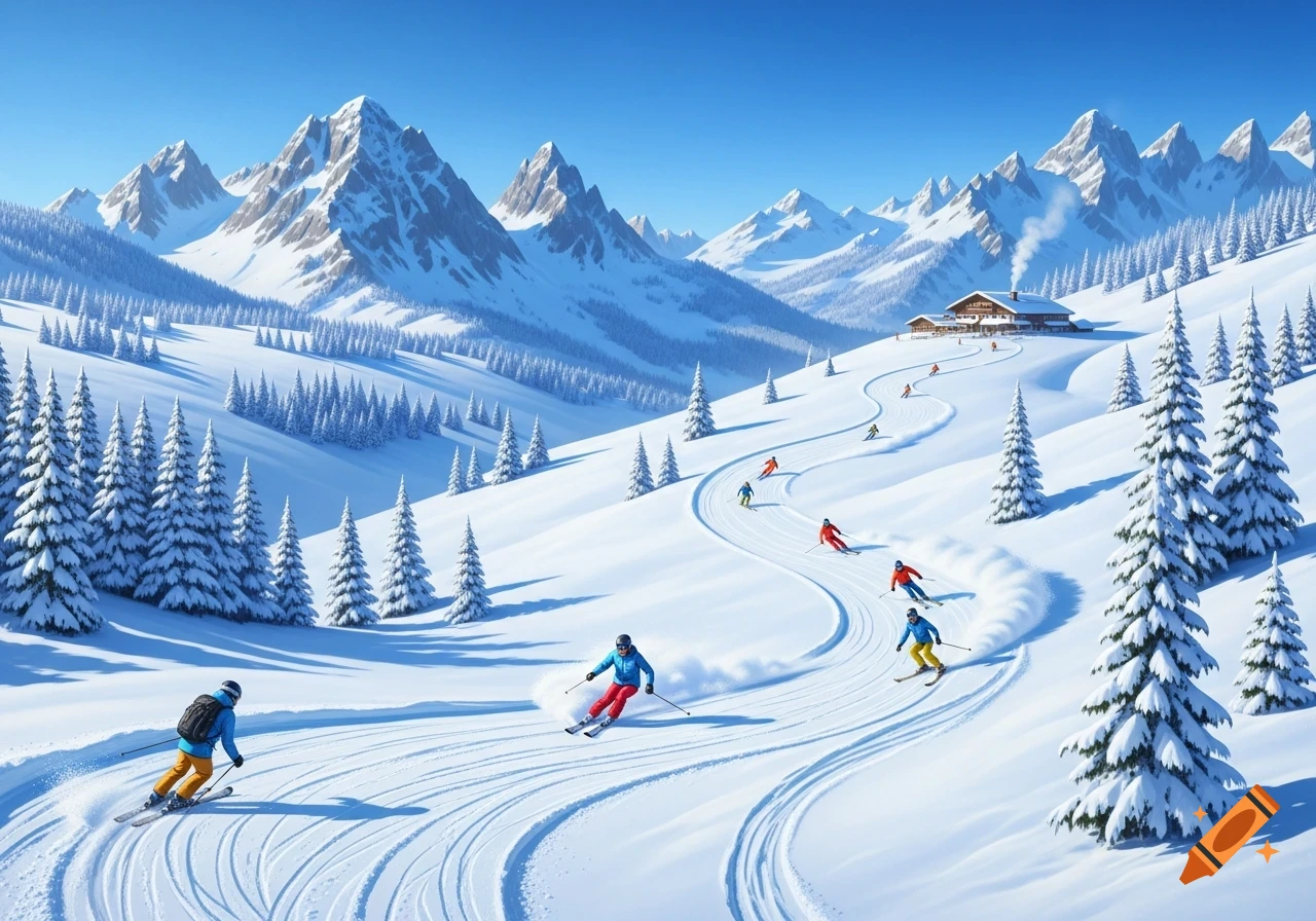 A scenic view of a snowy mountain ski resort with multiple skiers descending winding slopes under a clear blue sky.
