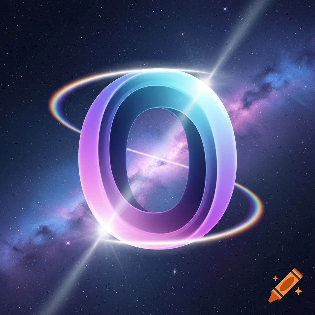 A vibrant, glowing letter 'O' with a blue and purple gradient, set against a starry cosmic background with nebulae and light streaks.