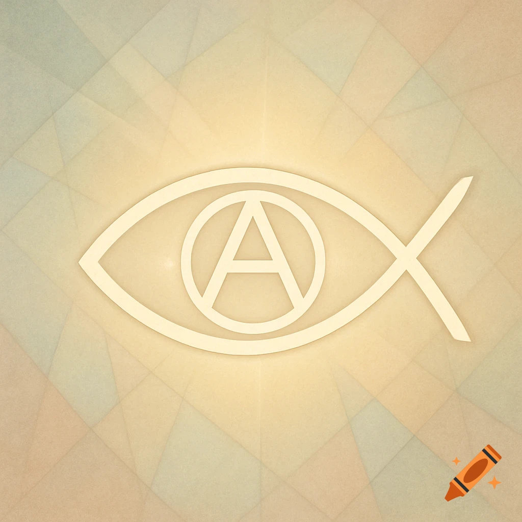 An anarchist Christian logo combining a stylized fish outline with a circle-A symbol in its center, set against a subtle geometric patterned background.