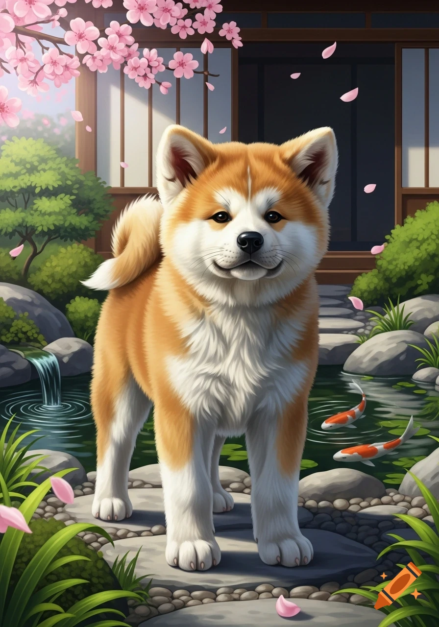 A cute Akita puppy stands on a stone path in a cherry blossom-filled Japanese garden with a waterfall and koi pond.