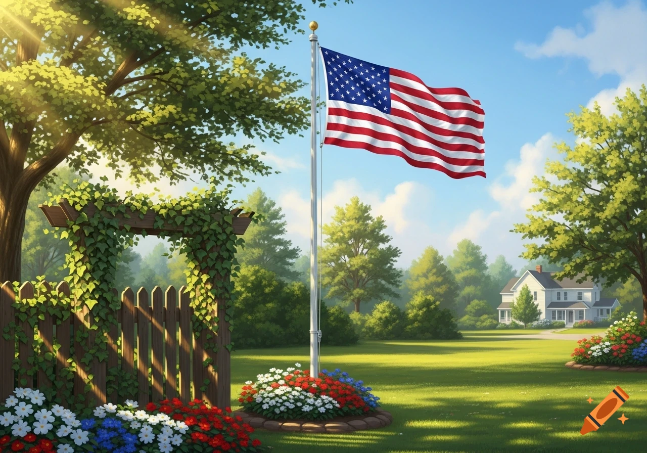 An American flag waves on a pole in a sunny, green yard with colorful flowers, a wooden fence, trees, and a white house in the background, in an illustration style.