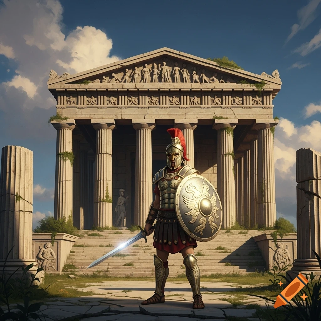 A heavily armored ancient warrior stands before a grand, ruined temple with columns, holding a shining sword and a shield.
