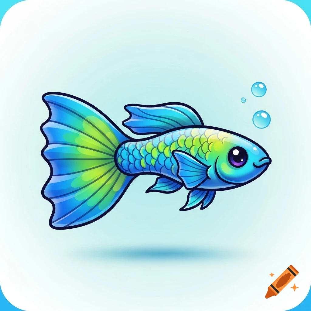 A vibrant blue and green cartoon guppy fish with large purple eyes, swimming with bubbles in an apple emoji style.