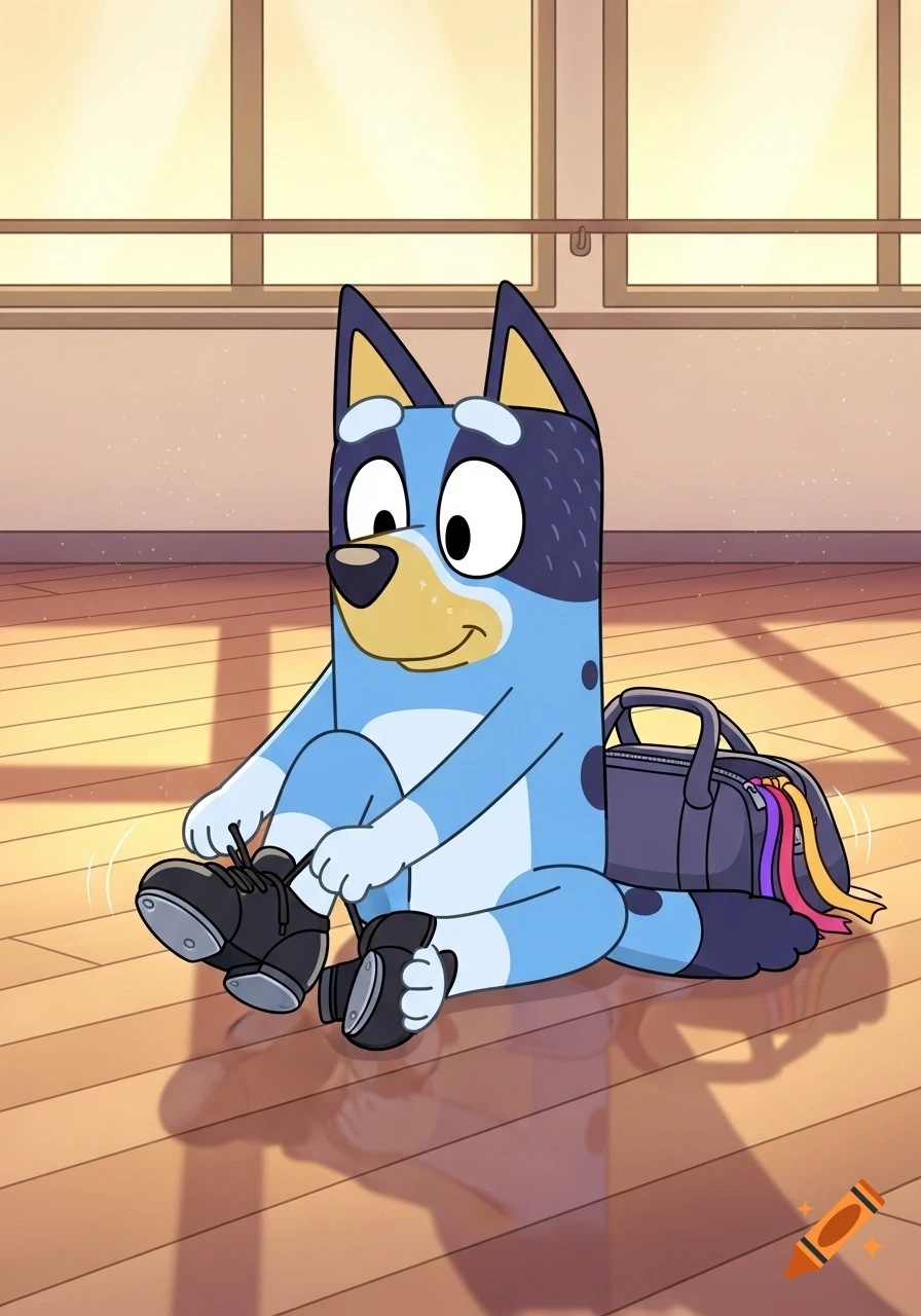 Bluey Heeler, a blue cartoon dog, sits on a wooden floor in a dance studio, tying black tap shoes. A bag with colorful ribbons is beside her.