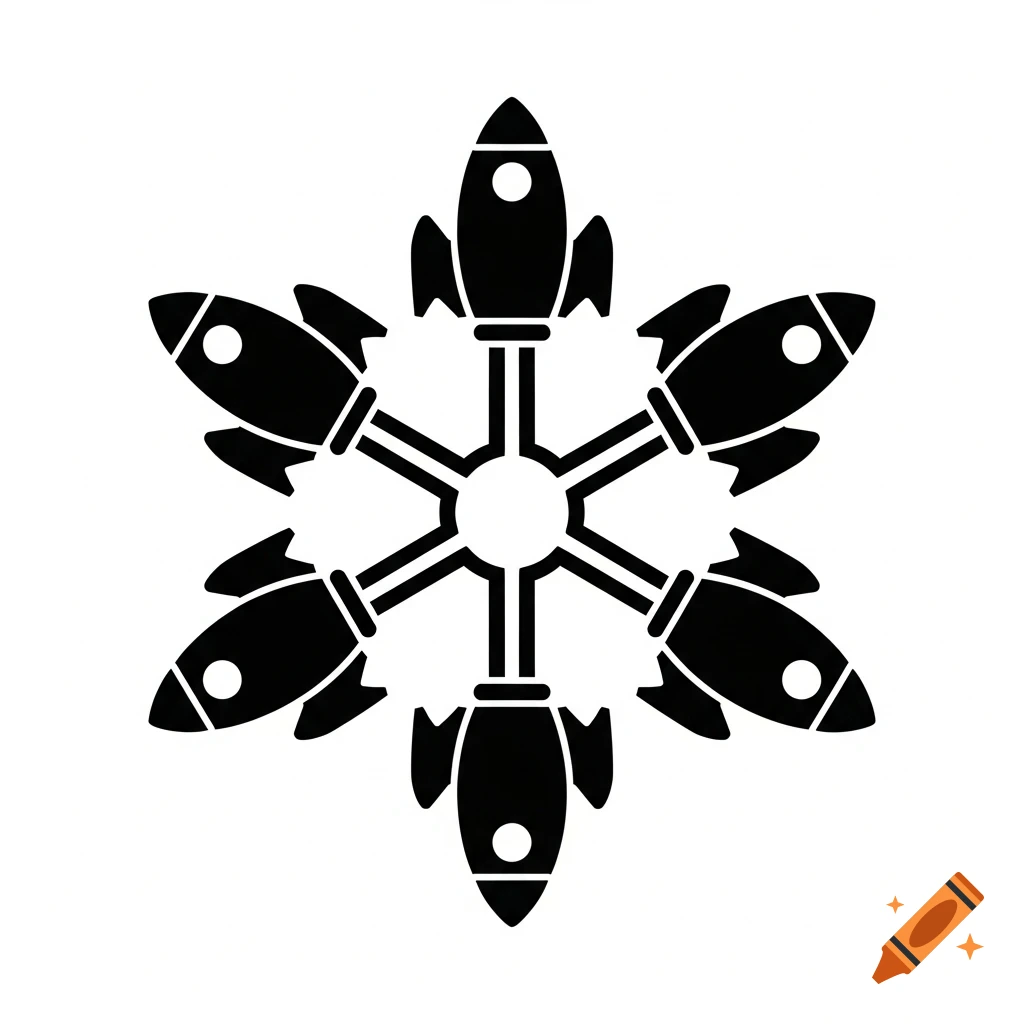 Minimalist black icon of six rockets arranged radially to form a snowflake shape around a central hub.
