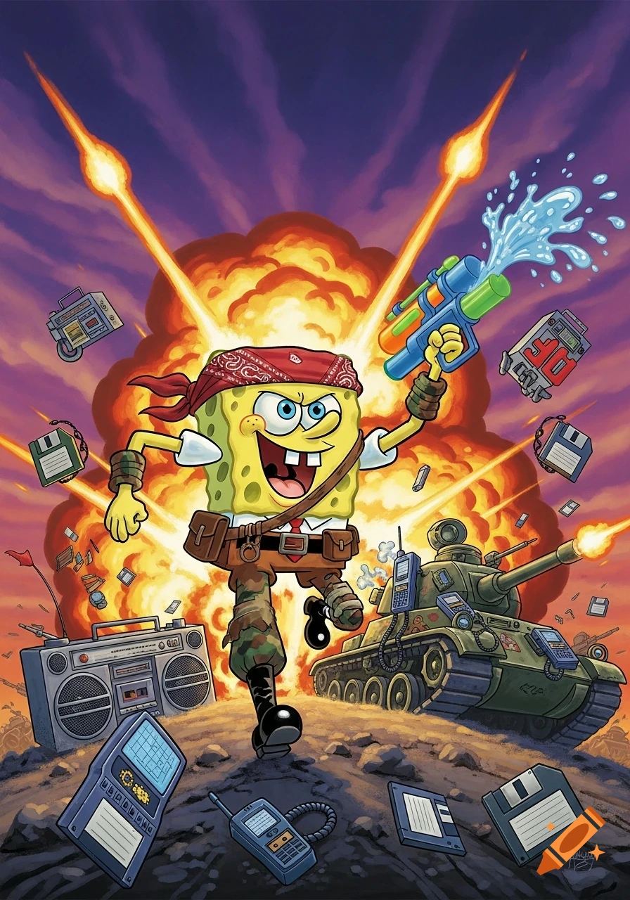 Spongebob in military gear holding a water gun, running amidst explosions and 90s tech like a tank and boombox, cartoon style.