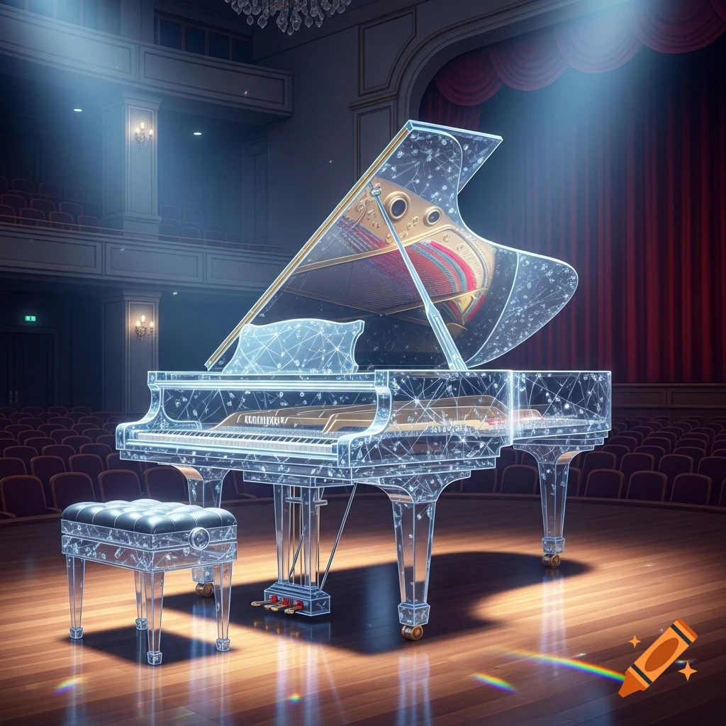 A sparkling crystal grand piano sits on a polished wooden stage in a concert hall with red curtains and empty seats, illuminated by a spotlight.