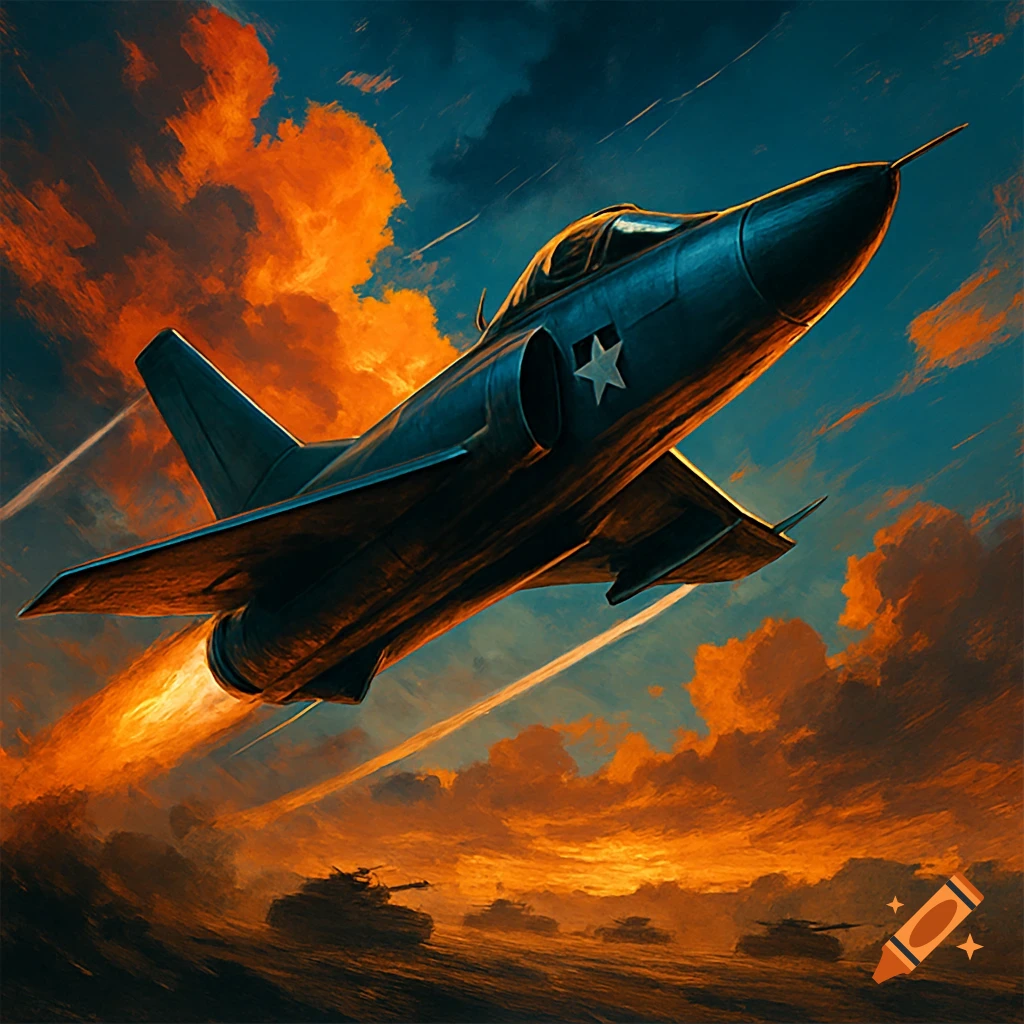 A dark fighter jet ascends into a dramatic orange and blue sky, with tanks visible on the battlefield below, in a digital painting.