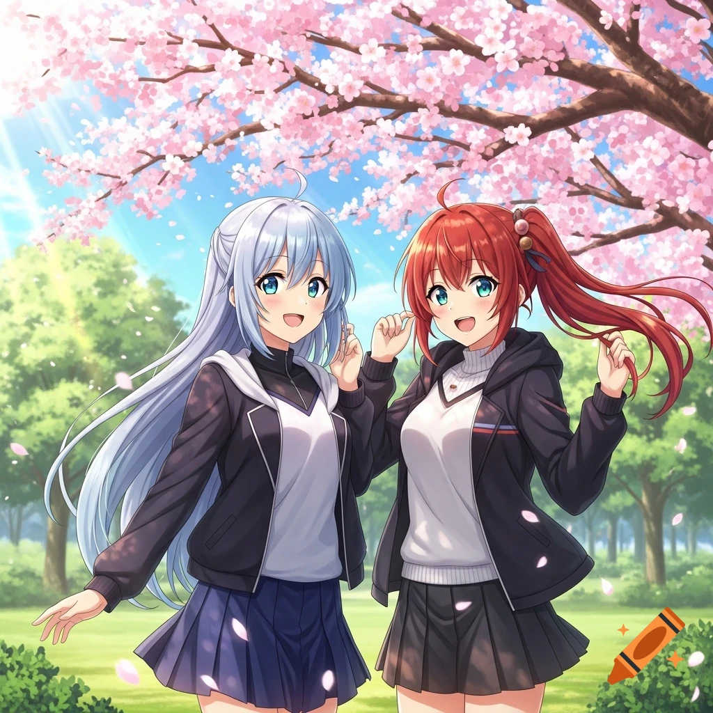 Two smiling anime girls with blue and red hair stand under pink cherry blossoms in a sunny park.