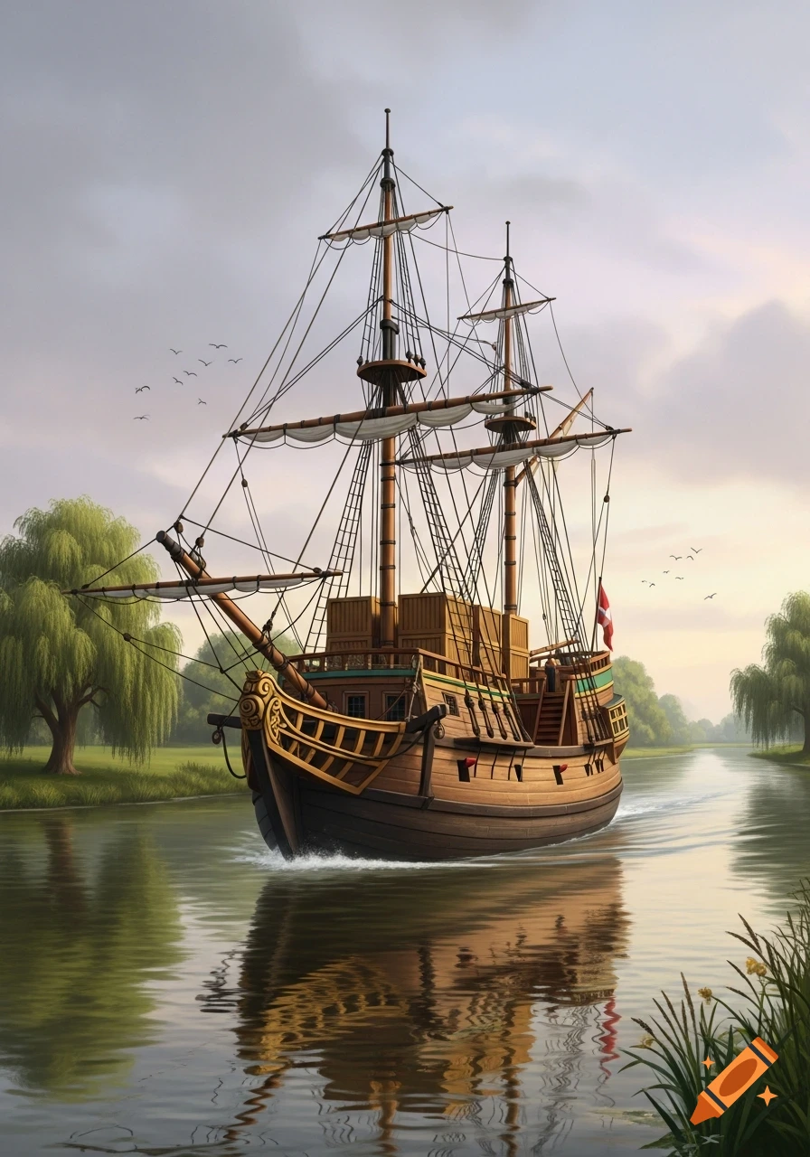 A detailed wooden river sailing ship with cargo containers glides on a calm river, flanked by green banks and trees under a cloudy sky.