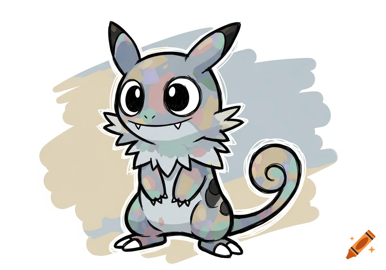 A stylized, colorful creature with big eyes and small fangs, resembling a Pokemon, stands against a simple abstract background.