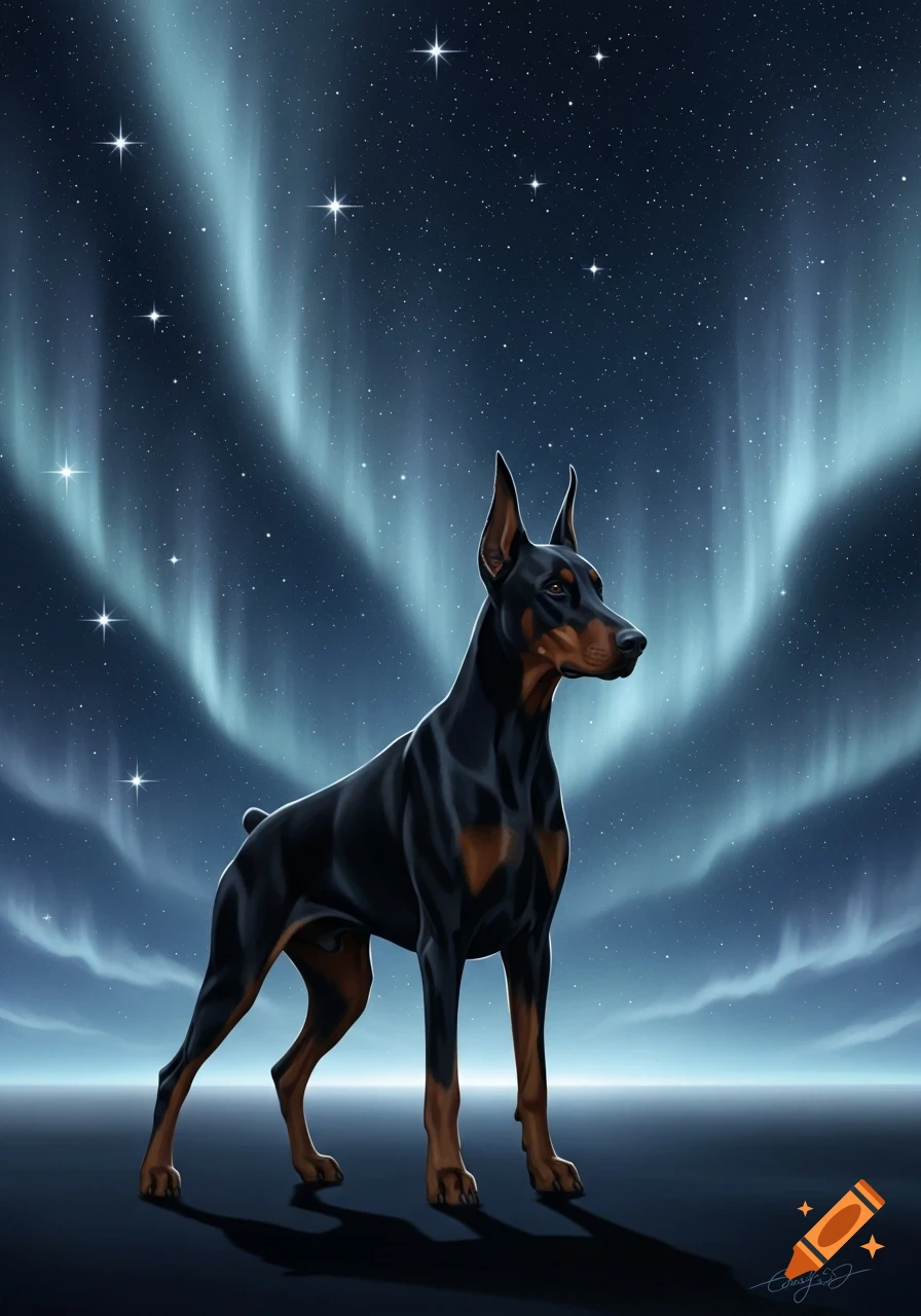 A black and tan Doberman stands majestically under a starry night sky with bright green and blue aurora borealis.