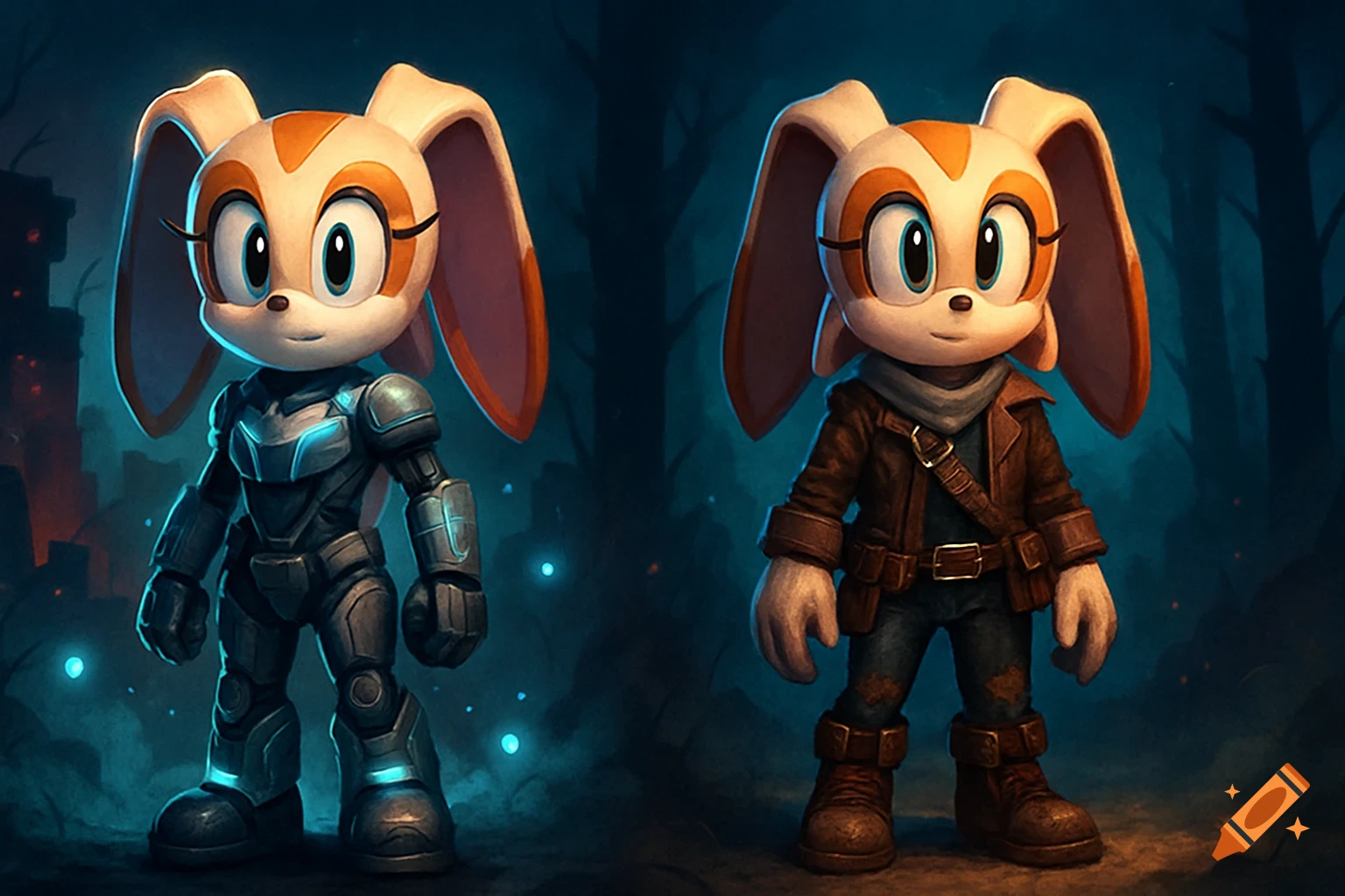 Two versions of Cream the Rabbit from Sonic, one in sci-fi armor and another in an adventurer's outfit, against a dark forest background.