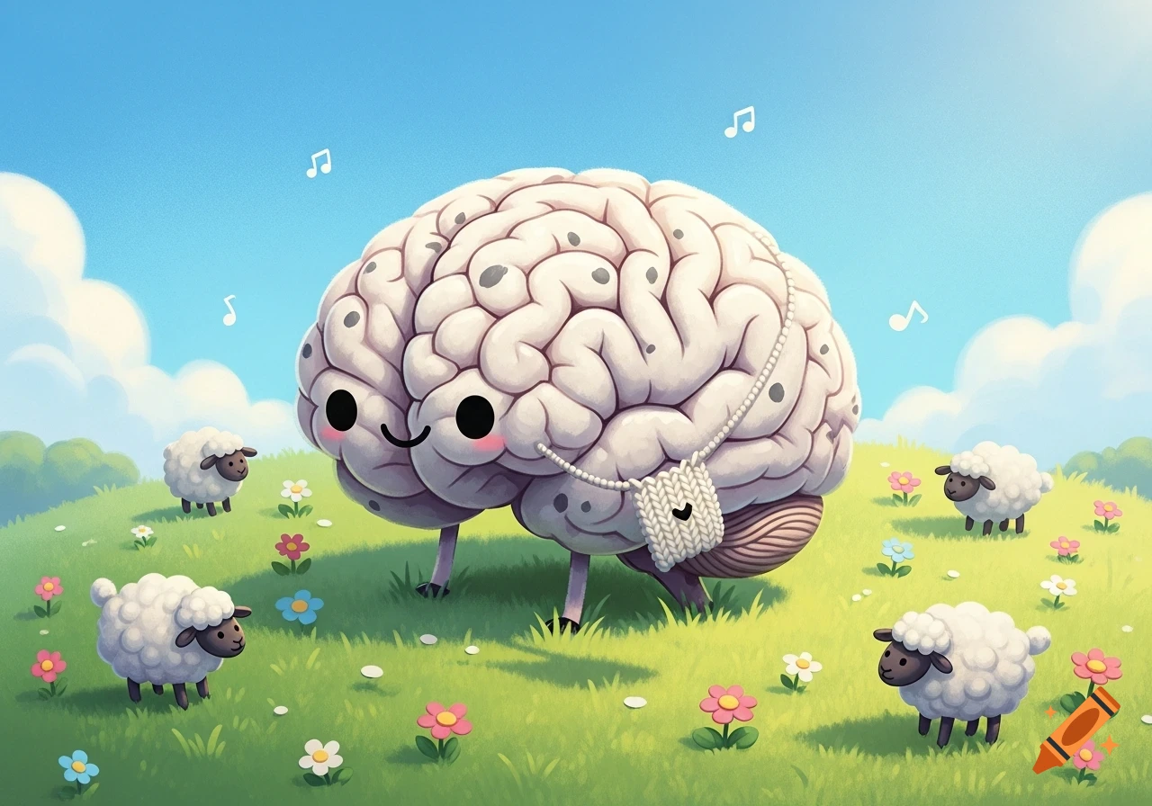 A cartoon brain with a happy face wears a knitted pouch, standing in a green field with tiny sheep and colorful flowers under a blue sky, with musical notes floating.