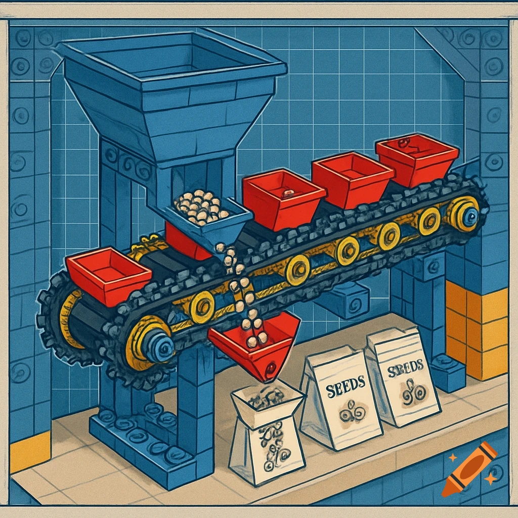 A Lego-style blueprint diagram shows a conveyor belt machine filling seed packets from a hopper.