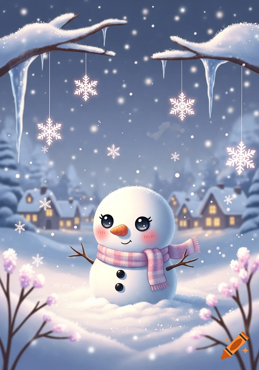 A cute snowman with a pink scarf and rosy cheeks stands in a snowy village, surrounded by falling snowflakes and icicle-laden branches.