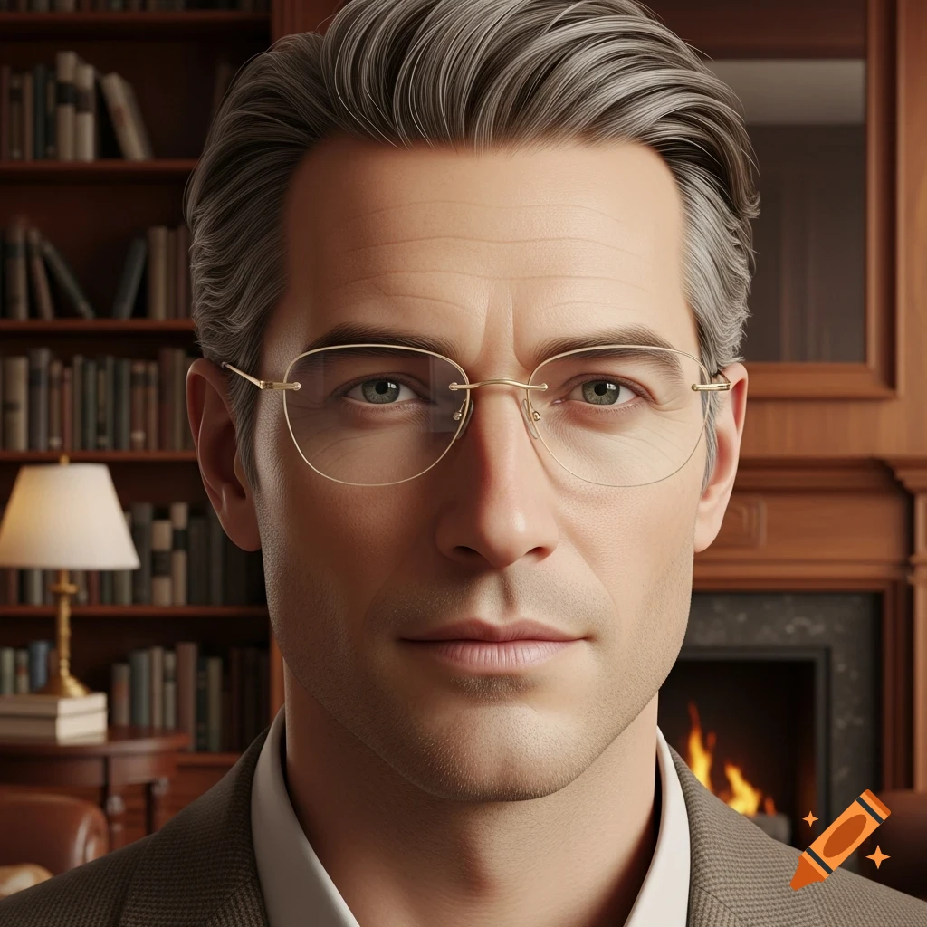Photorealistic portrait of a distinguished man with grey hair and rimless glasses in a cozy library with a fireplace.