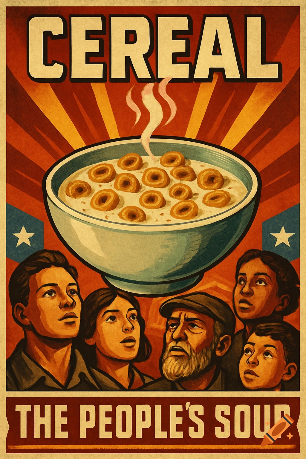 Vintage propaganda poster for 'CEREAL THE PEOPLE'S SOUP', depicting people looking up at a large bowl of cereal.