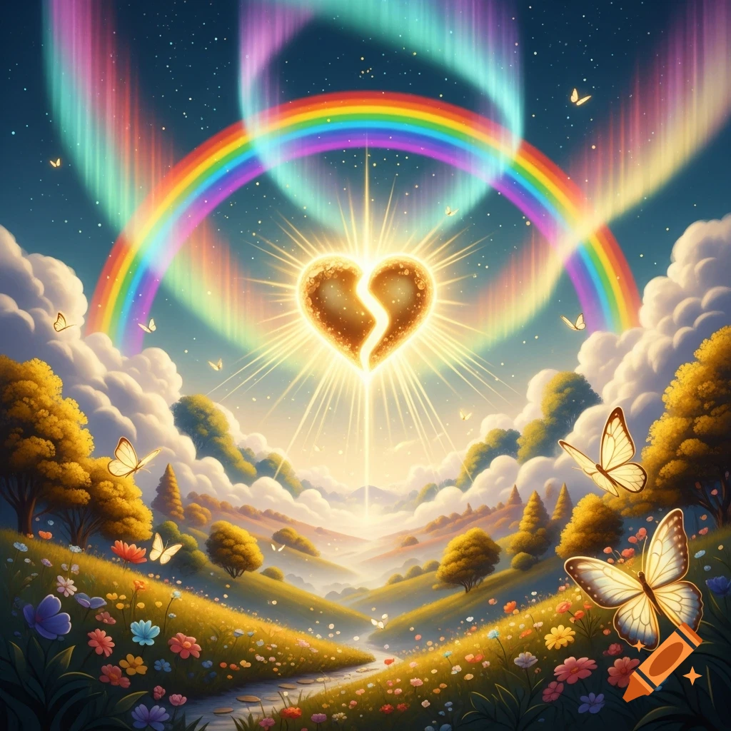 A radiant broken golden heart shines above a colorful fantasy landscape with rainbows, aurora, butterflies, and flowery hills.