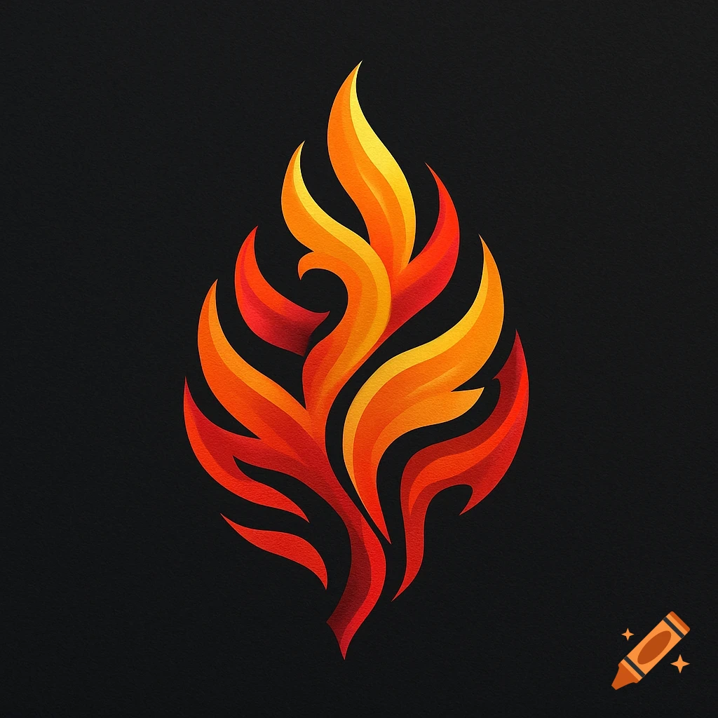 A vibrant, stylized fire logo with swirling red, orange, and yellow flames against a dark background.