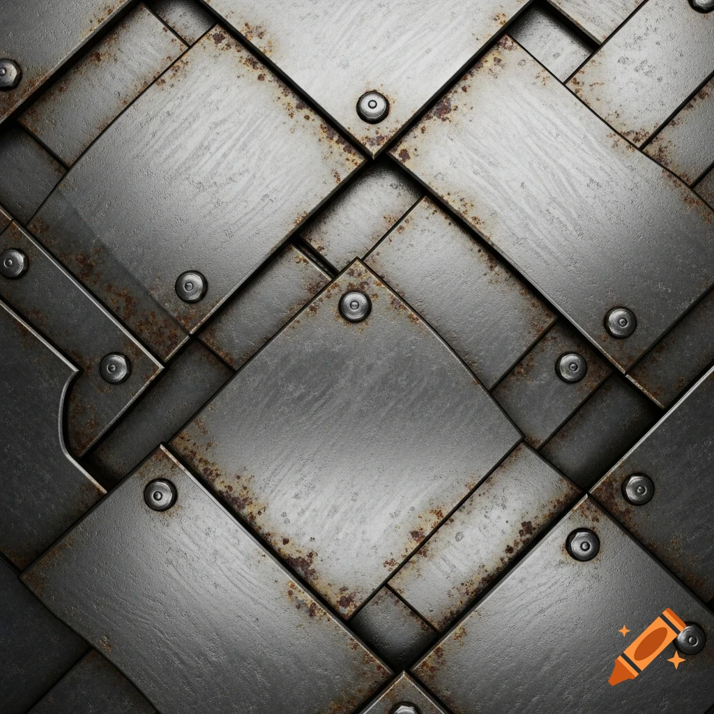 Close-up of overlapping industrial metal plates with rivets, featuring textured surfaces and rust.