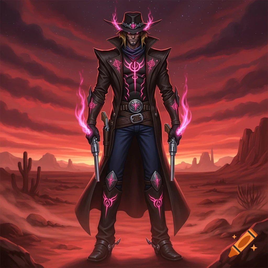 A stylized fantasy cowboy character with glowing pink energy and revolvers stands in a red desert landscape.
