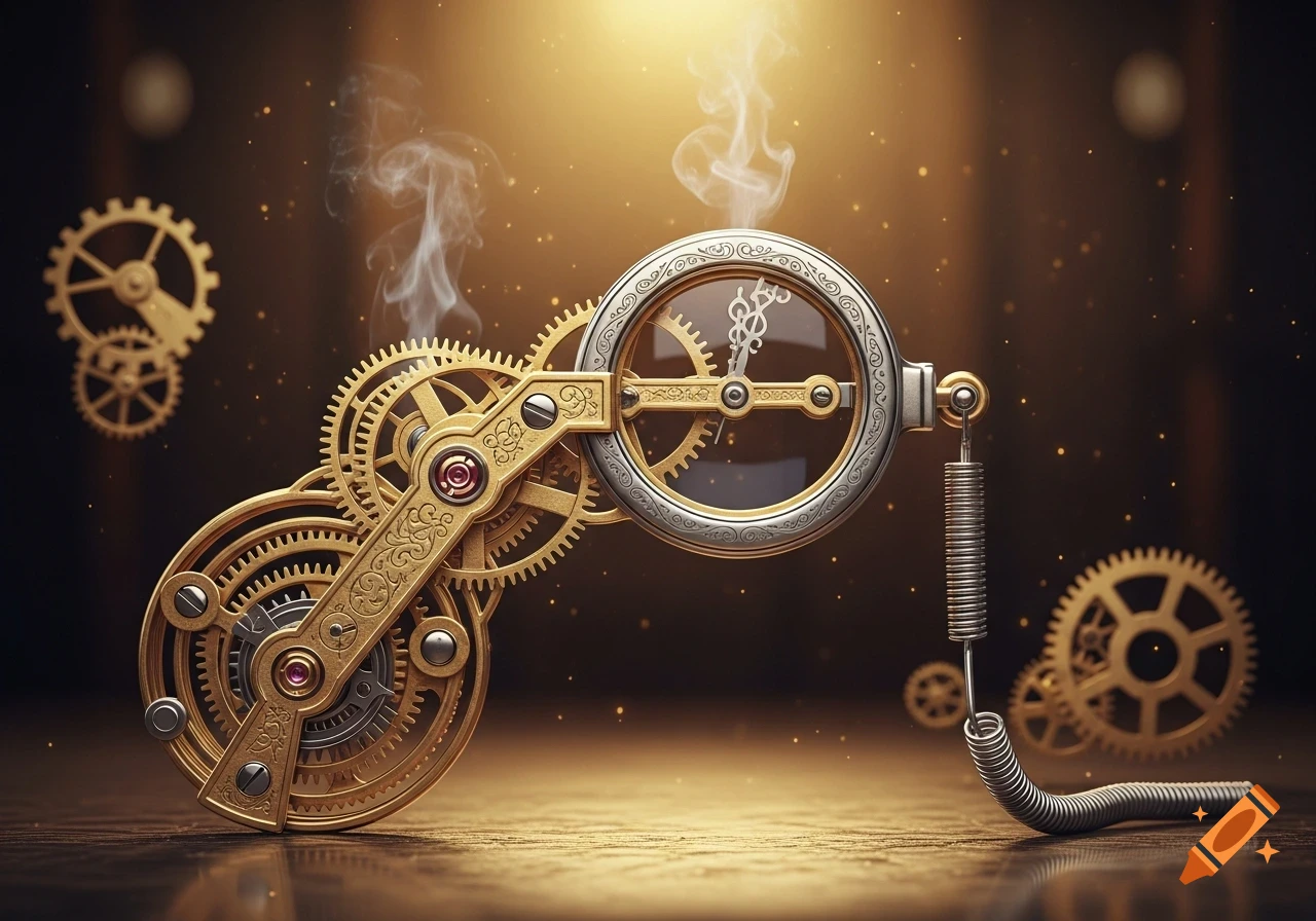 A detailed steampunk clockwork monocle with brass gears, glowing with golden light and subtle smoke, against a dark, sparkling background.