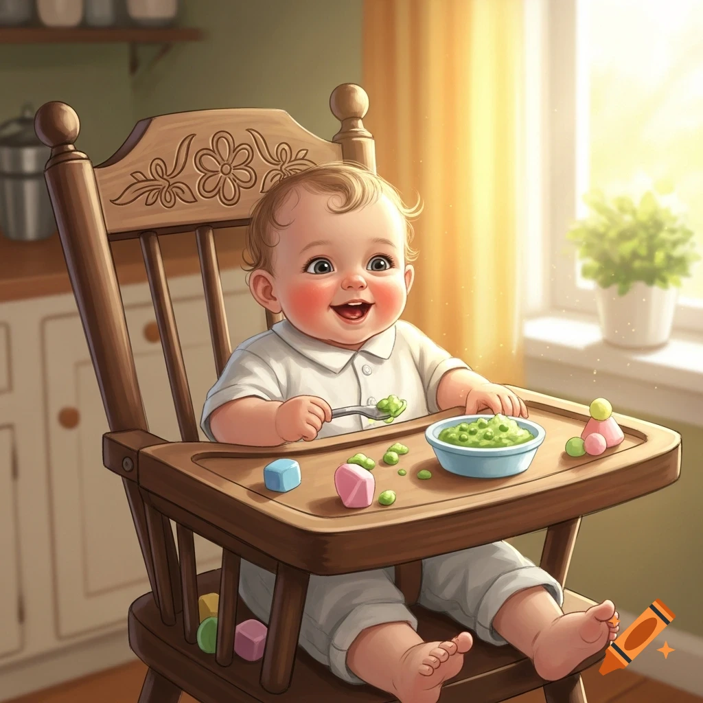 A cheerful baby with rosy cheeks in a wooden highchair, holding a spoon with peas, with a bowl of peas and colorful toys on the tray.