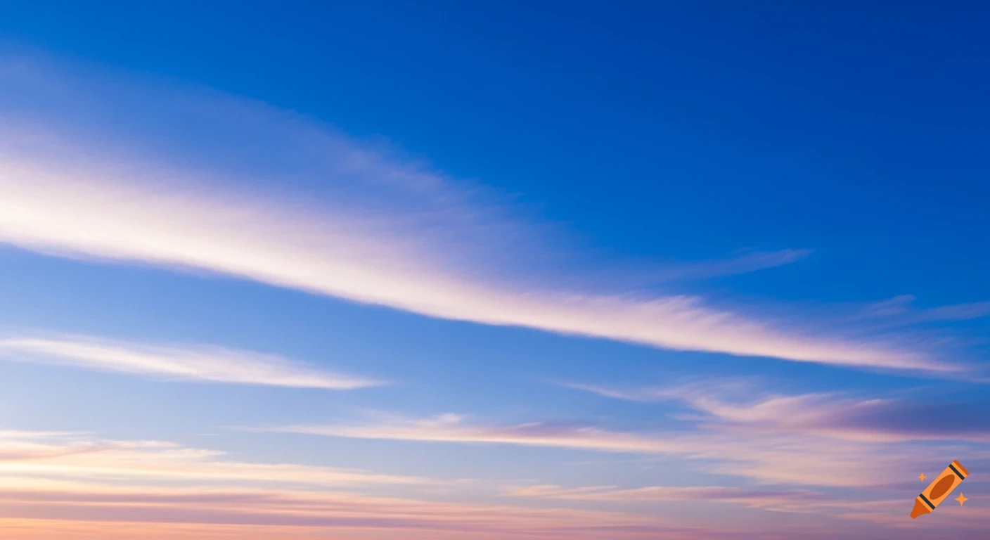 A vibrant blue sky with long, wispy clouds tinged with pink and orange light, possibly at sunset or sunrise.