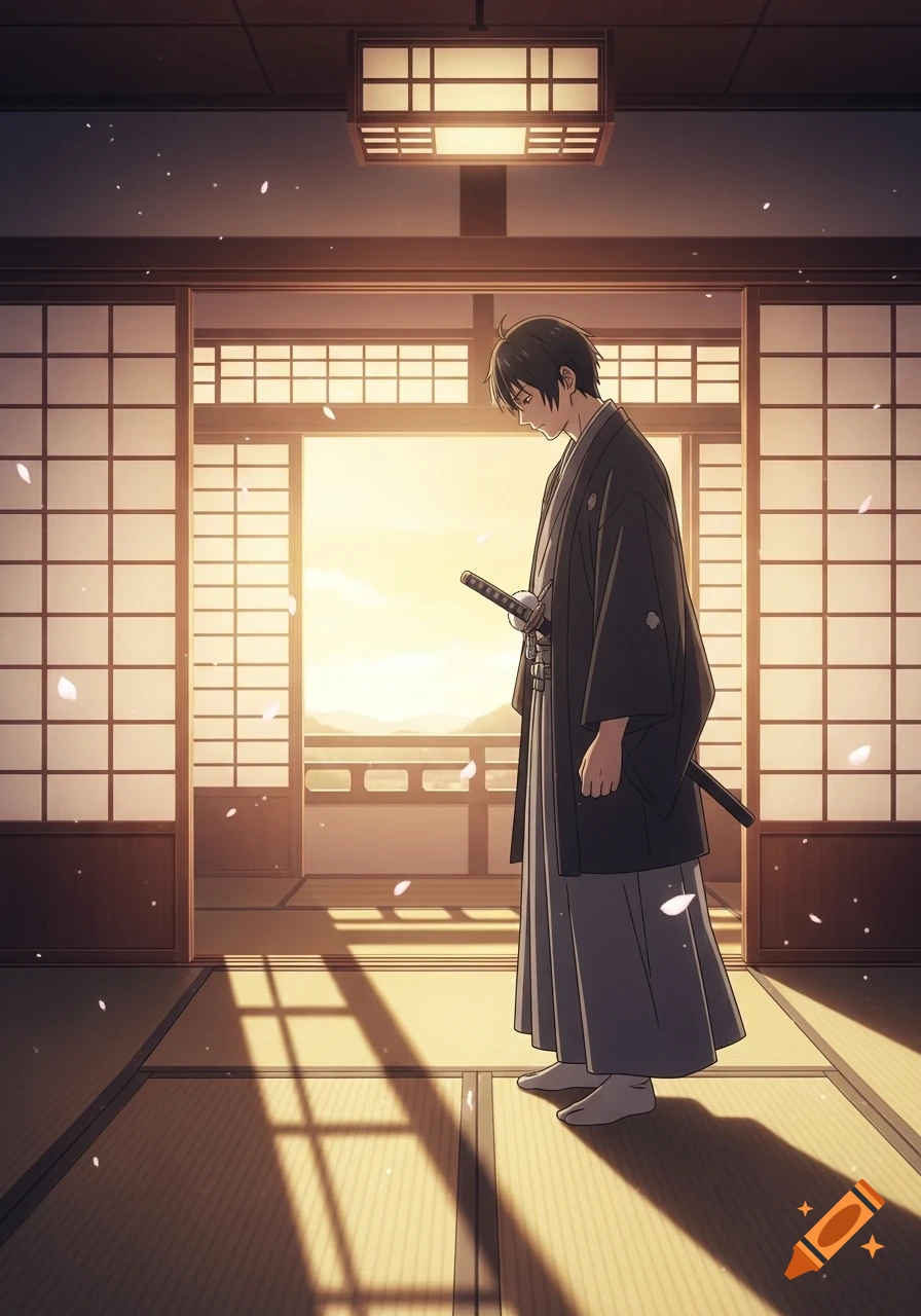Anime man in black kimono, grey hakama, holding katana, looking down in traditional Japanese room with shoji screens at sunset. Cherry blossoms fall.