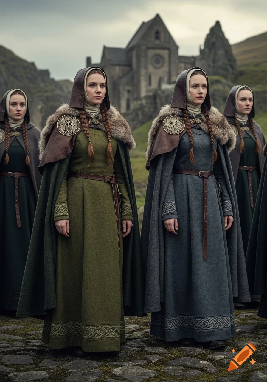 Three women in medieval-style cloaks and dresses with braided hair ...