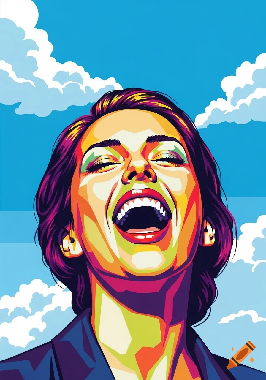 Vibrant pop art portrait of a woman looking up, laughing joyfully against a blue sky with clouds.
