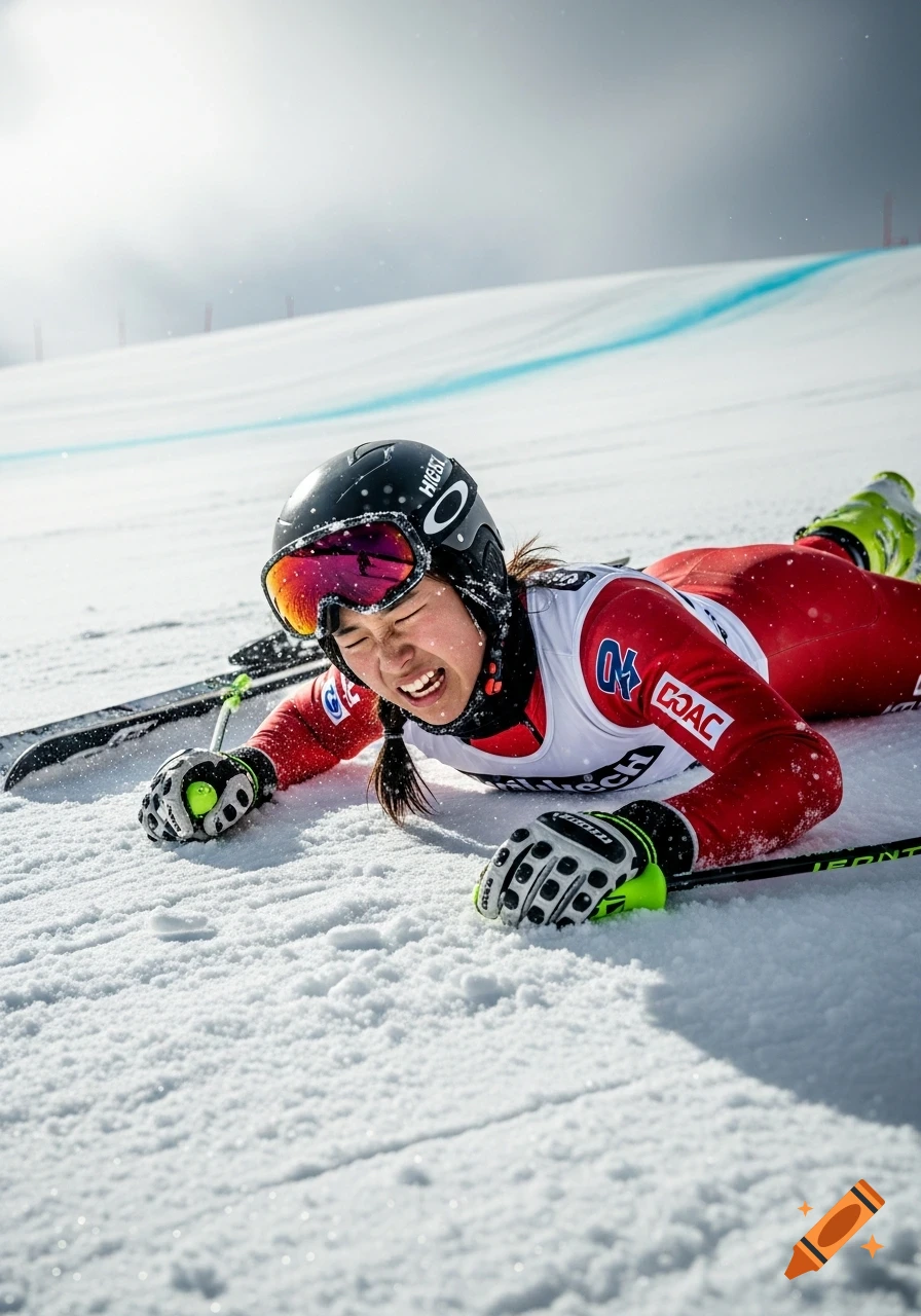 A female ski racer in a red suit lies fallen in the snow, looking pained, with skis nearby.